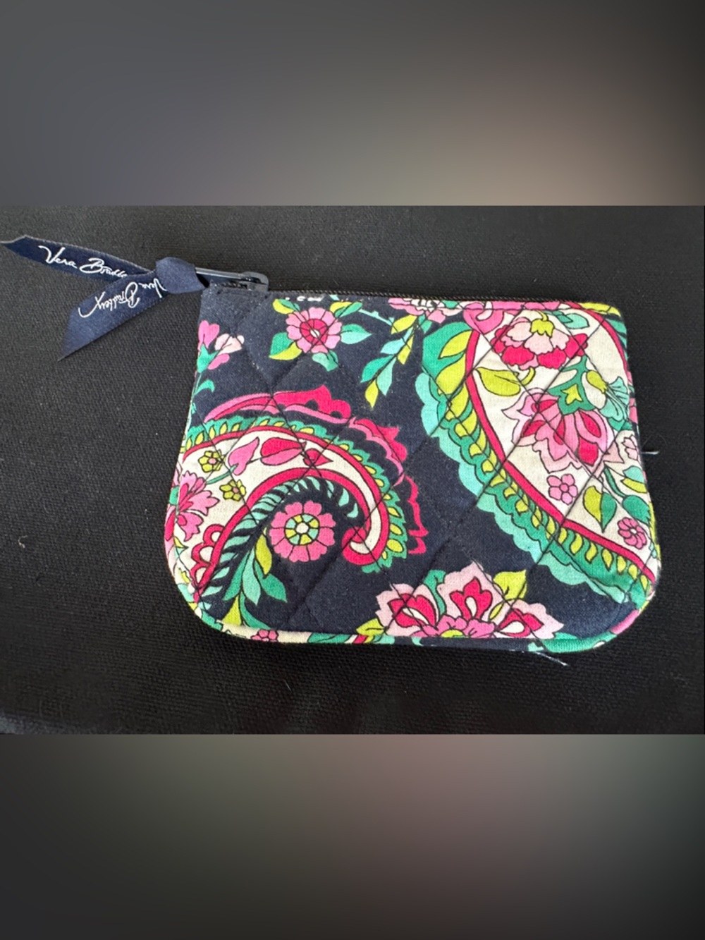 Vera Bradley Navy Quilted Zip Pouch with Pink & Teal Paisley